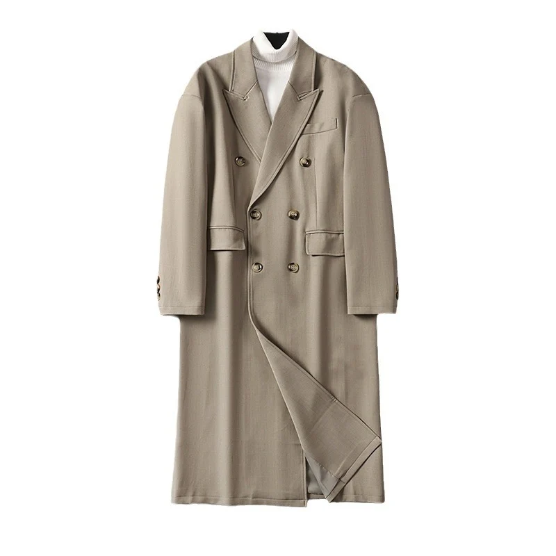 Herren Doppelreihiger Longline-Mantel aus Wollmix mit schmalem Schalkragen Nord Taschen