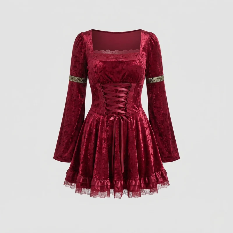 Damen Kostümkleid mit Spitzenverzierungen und weiten Ärmeln Nord Taschen