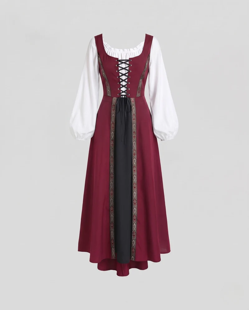 Damen Langarm Kleid mit detailreicher Schnürung und floralen Akzenten Nord Taschen