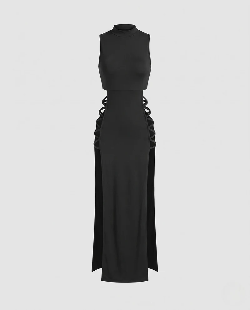 Damen Langes cut-out Kleid mit seitlichen Schnüren Nord Taschen