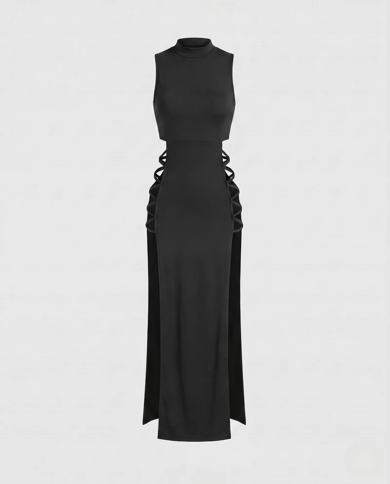 Damen Langes cut-out Kleid mit seitlichen Schnüren Nord Taschen