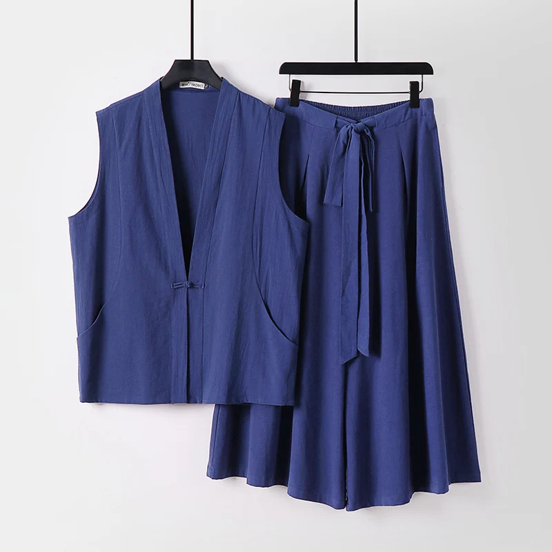 Damen Ärmelloses Kimono-Loungewear-Set aus leichtem Viskose-Leinen mit Bindeweste und weiten Palazzo-Hose Nord Taschen