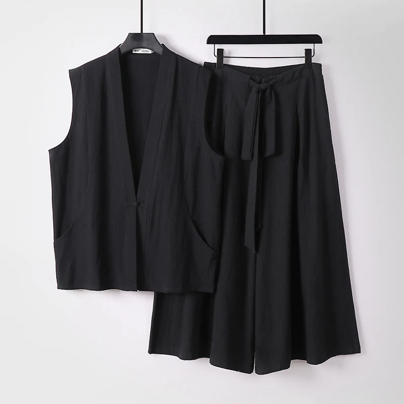 Damen Ärmelloses Kimono-Loungewear-Set aus leichtem Viskose-Leinen mit Bindeweste und weiten Palazzo-Hose Nord Taschen