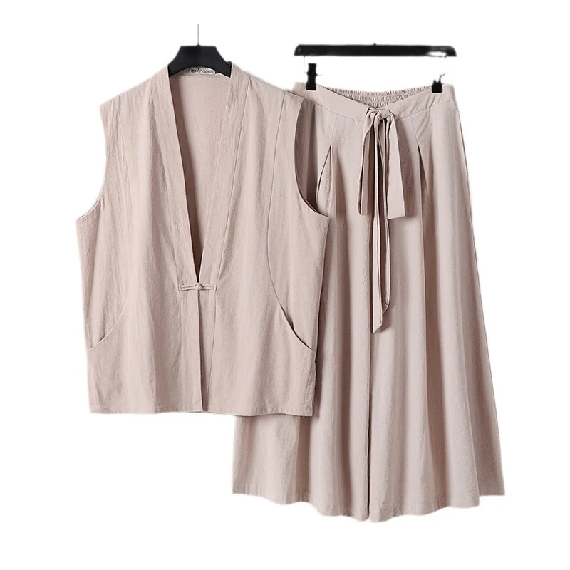 Damen Ärmelloses Kimono-Loungewear-Set aus leichtem Viskose-Leinen mit Bindeweste und weiten Palazzo-Hose Nord Taschen