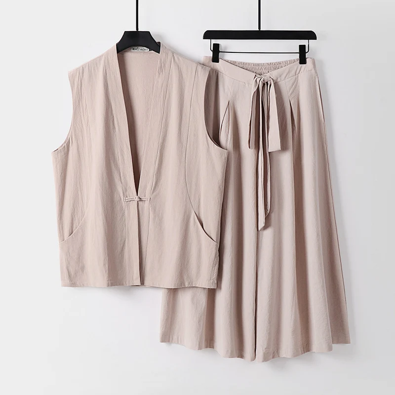 Damen Ärmelloses Kimono-Loungewear-Set aus leichtem Viskose-Leinen mit Bindeweste und weiten Palazzo-Hose Nord Taschen