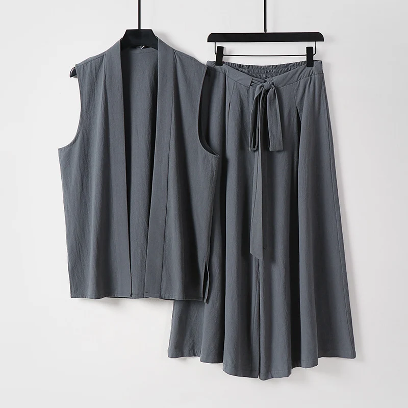 Damen Ärmellose Kimono-Weste und Hochtaillierte Culotte-Hose mit Bindegürtel Nord Taschen