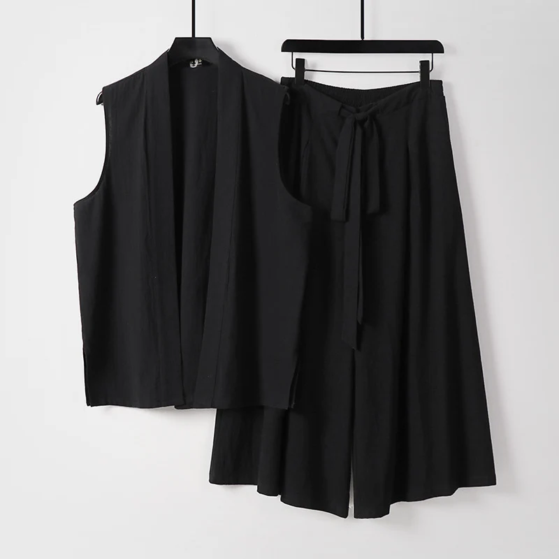Damen Ärmellose Kimono-Weste und Hochtaillierte Culotte-Hose mit Bindegürtel Nord Taschen