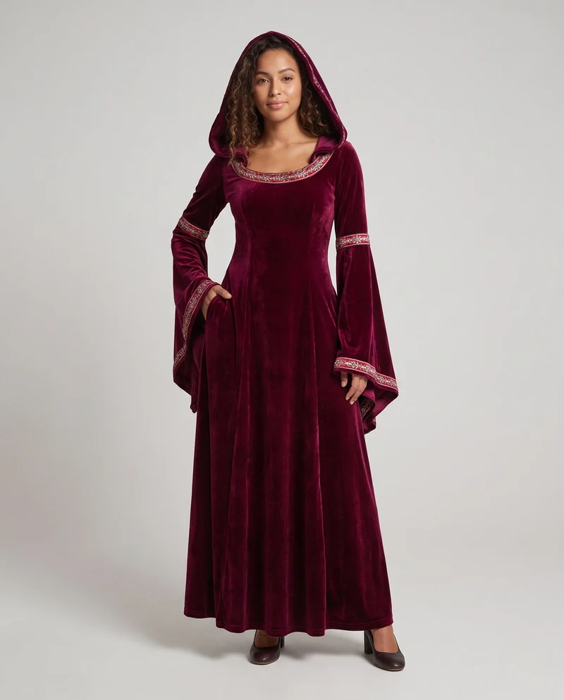 Damen Märchenhaftes Kapuzenkleid mit eleganten Krawattenärmeln Nord Taschen