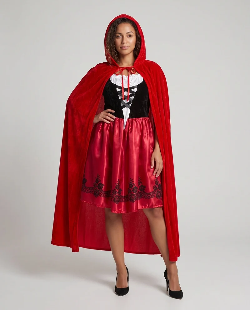 Damen märchenhaftes Kostüm als Rotkäppchen mit elegantem Umhang und detailverliebt gestalteter Corsage Nord Taschen