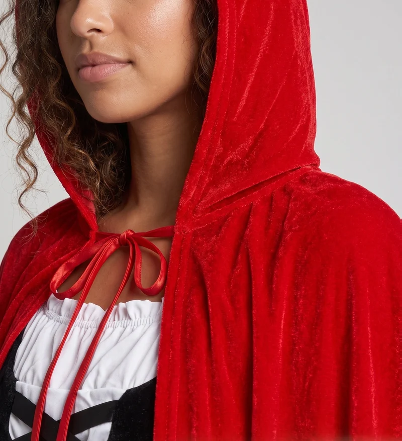 Damen märchenhaftes Kostüm als Rotkäppchen mit elegantem Umhang und detailverliebt gestalteter Corsage Nord Taschen
