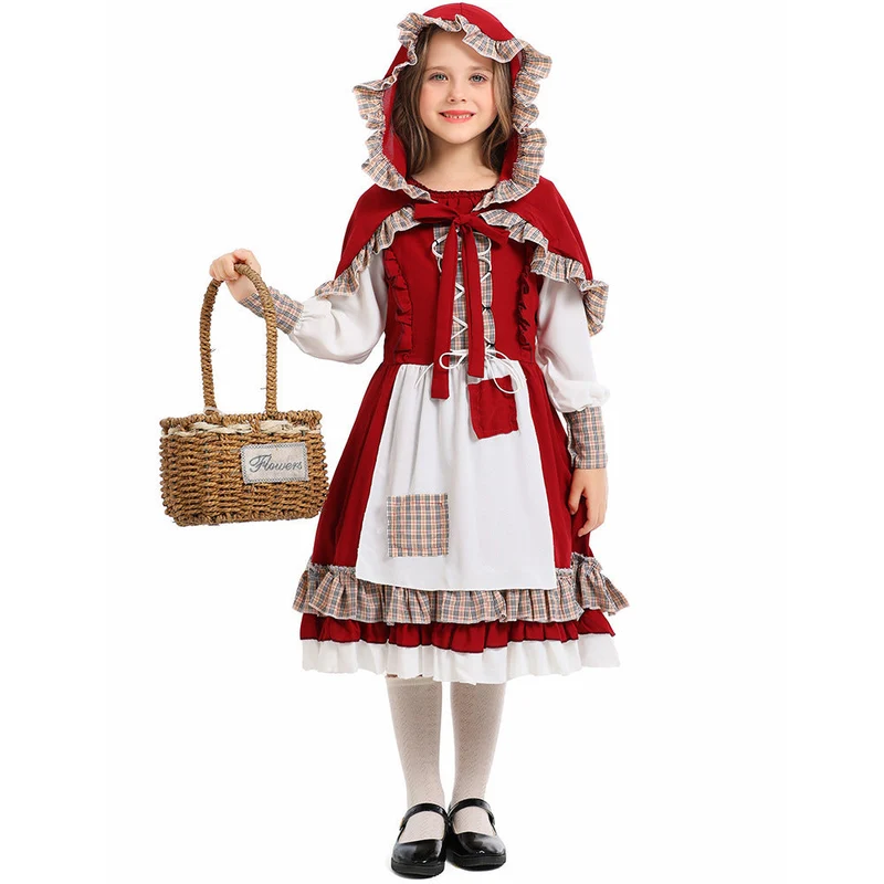 Mädchen Märchenhaftes Rotkäppchen Kostüm mit Kapuze und Rüschen Nord Taschen