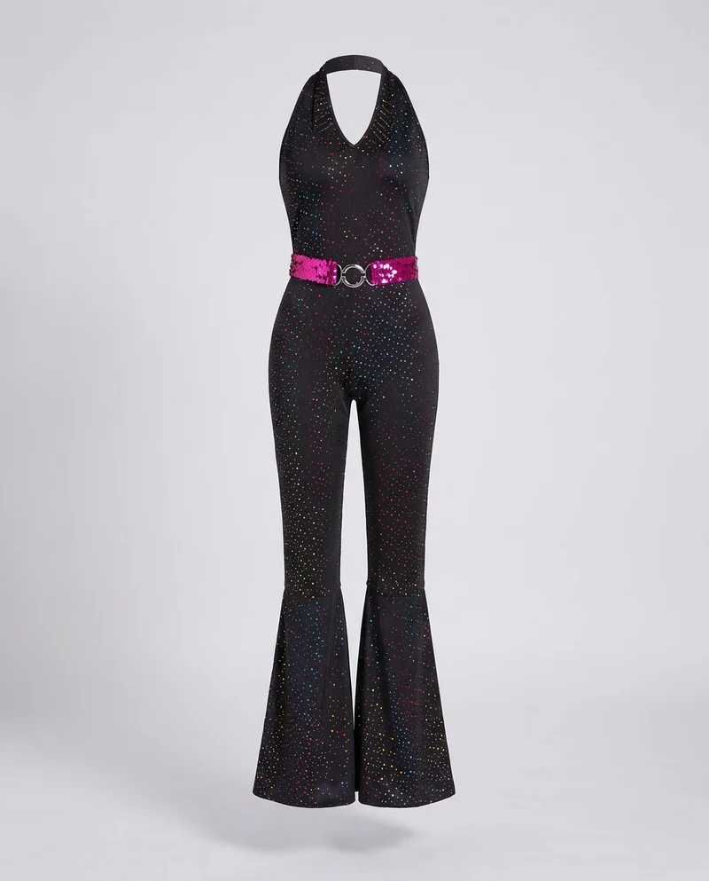 Damen Funkelnder Disco Overall mit weitem Bein und glitzerndem Gürtel Nord Taschen