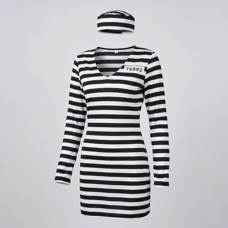 Damen Gefängnis-Outfit mit gestreiftem Design und passendem Hut Nord Taschen