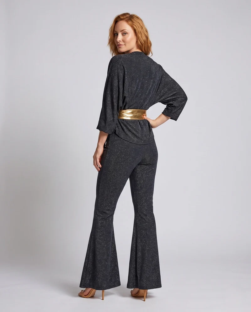 Damen Glitzerndes Flared-Outfit mit eleganter Taillierung und modischem Gürtel Nord Taschen