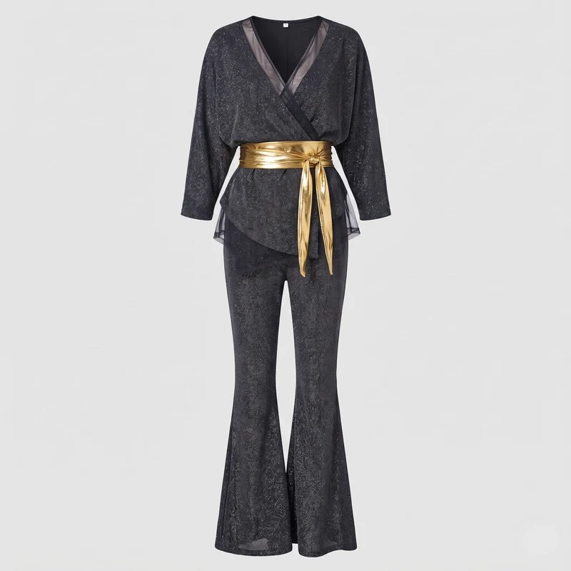 Damen Glitzerndes Flared-Outfit mit eleganter Taillierung und modischem Gürtel Nord Taschen