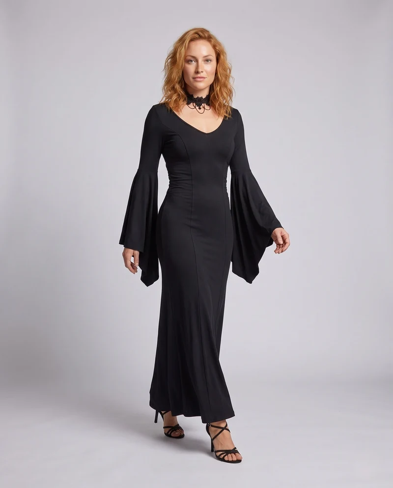 Damen Elegantes Maxikleid mit dramatischen Glockenärmeln und V-Ausschnitt Nord Taschen