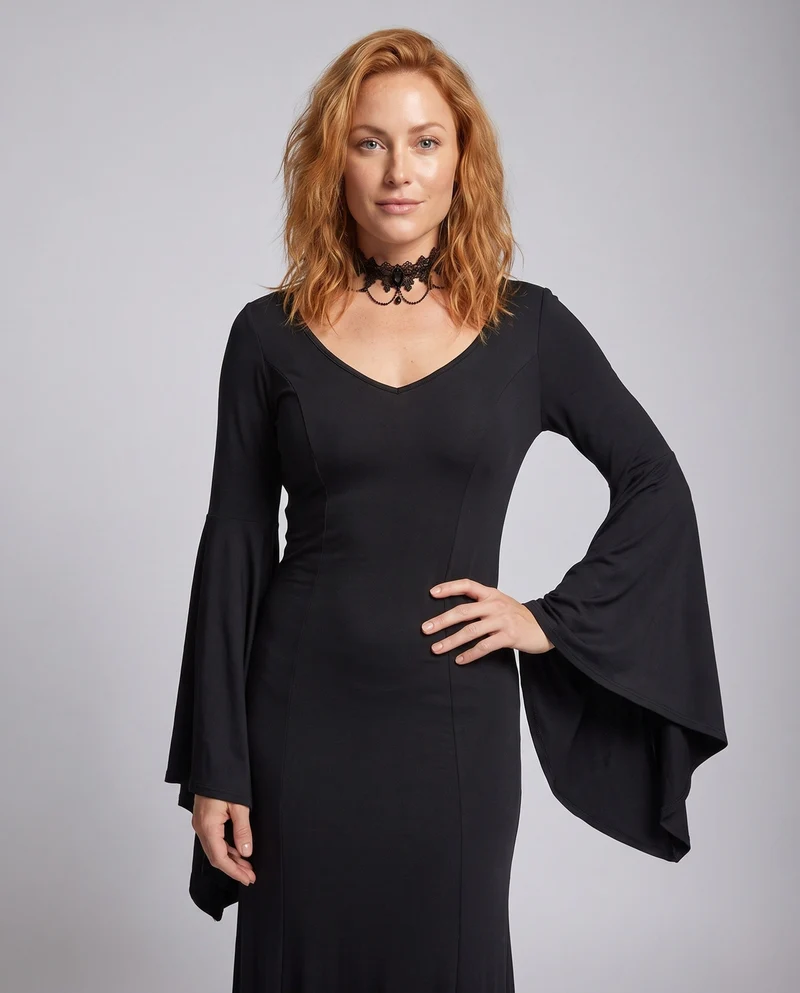 Damen Elegantes Maxikleid mit dramatischen Glockenärmeln und V-Ausschnitt Nord Taschen