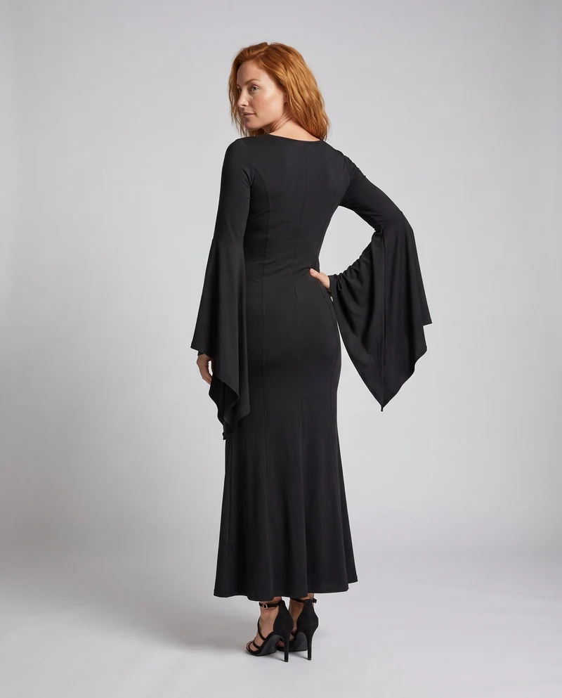 Damen Elegantes Maxikleid mit dramatischen Glockenärmeln und V-Ausschnitt Nord Taschen