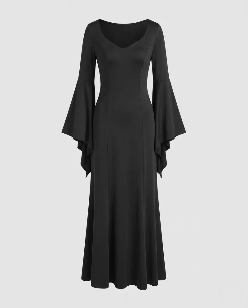 Damen Elegantes Maxikleid mit dramatischen Glockenärmeln und V-Ausschnitt Nord Taschen