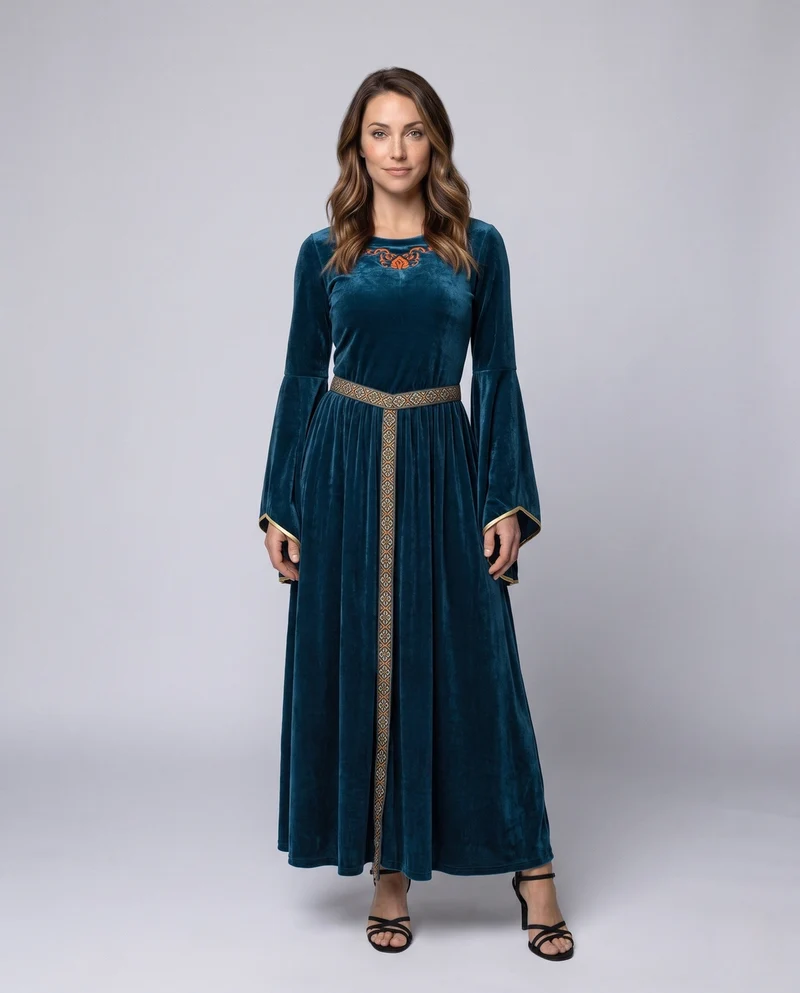 Damen Elegantes Maxikleid mit weit ausgestellten Ärmeln und dekorativem Taillengürtel Nord Taschen