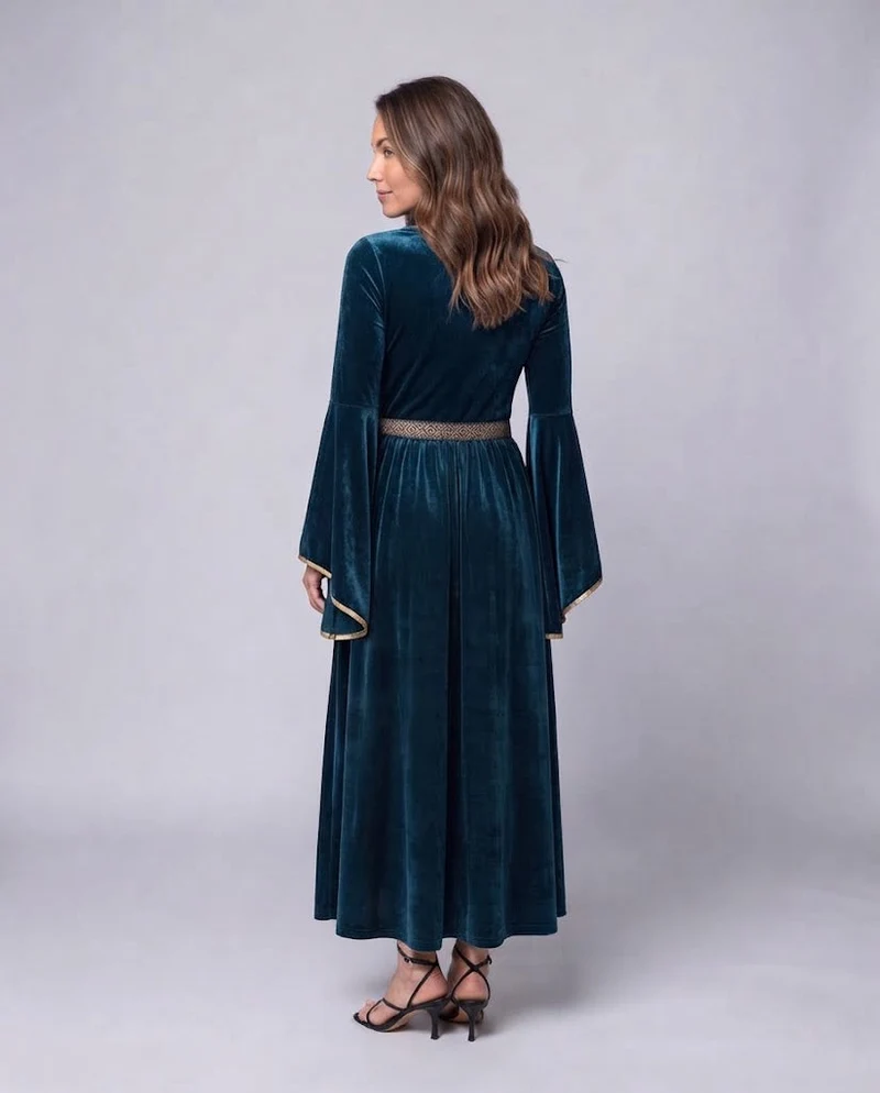 Damen Elegantes Maxikleid mit weit ausgestellten Ärmeln und dekorativem Taillengürtel Nord Taschen