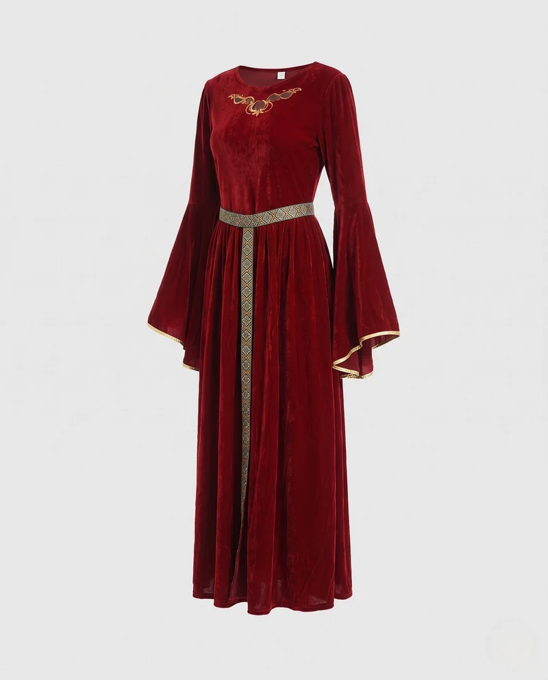 Damen Elegantes Maxikleid mit weit ausgestellten Ärmeln und dekorativem Taillengürtel Nord Taschen