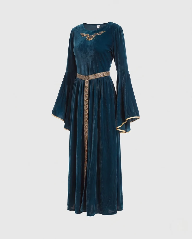 Damen Elegantes Maxikleid mit weit ausgestellten Ärmeln und dekorativem Taillengürtel Nord Taschen