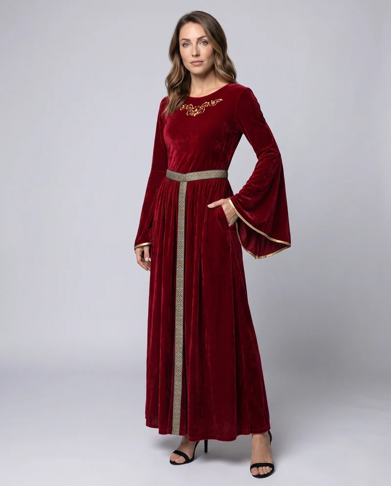 Damen elegantes Maxikleid mit weiten Ärmeln und dekorativem Gürtel Nord Taschen