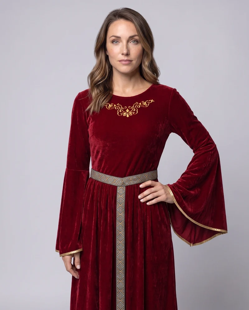 Damen elegantes Maxikleid mit weiten Ärmeln und dekorativem Gürtel Nord Taschen