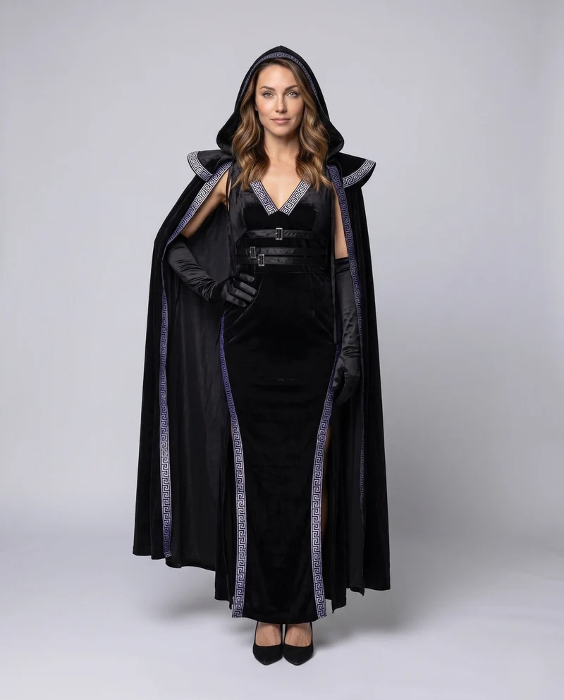 Damen Elegantes Samtkleid mit Kapuze und Rüschendetails Nord Taschen