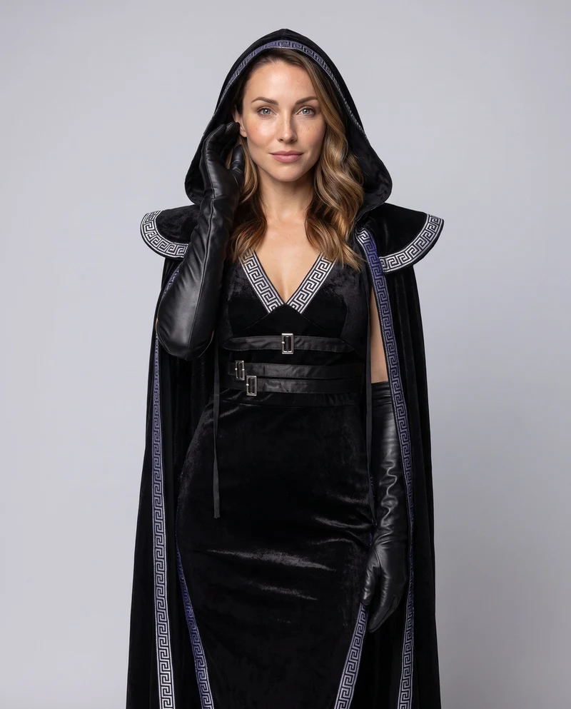 Damen Elegantes Samtkleid mit Kapuze und Rüschendetails Nord Taschen