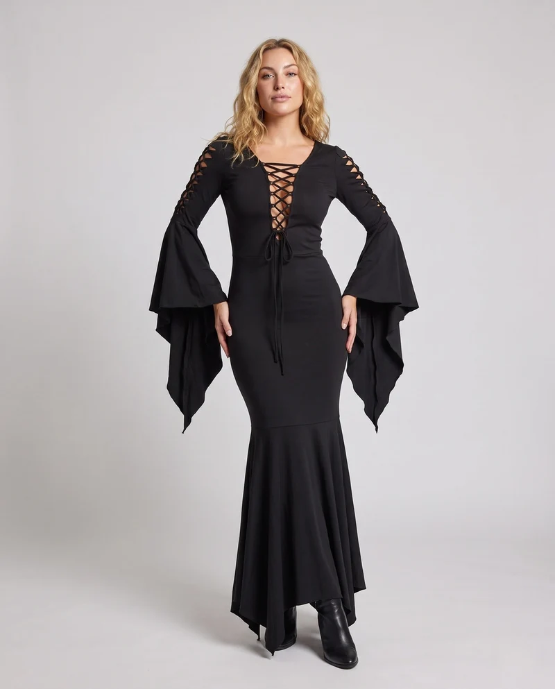 Damen Elegantes Vampir-Kleid mit weitem Rock und dramatischen Ärmeln Nord Taschen