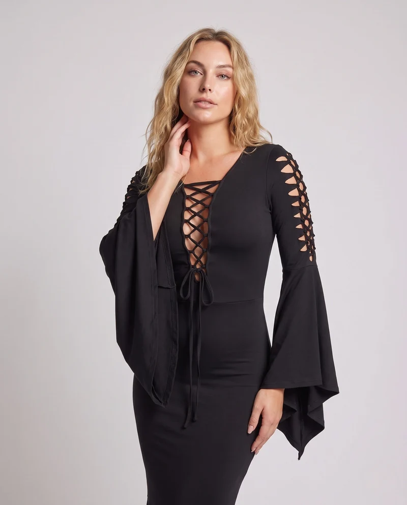 Damen Elegantes Vampir-Kleid mit weitem Rock und dramatischen Ärmeln Nord Taschen