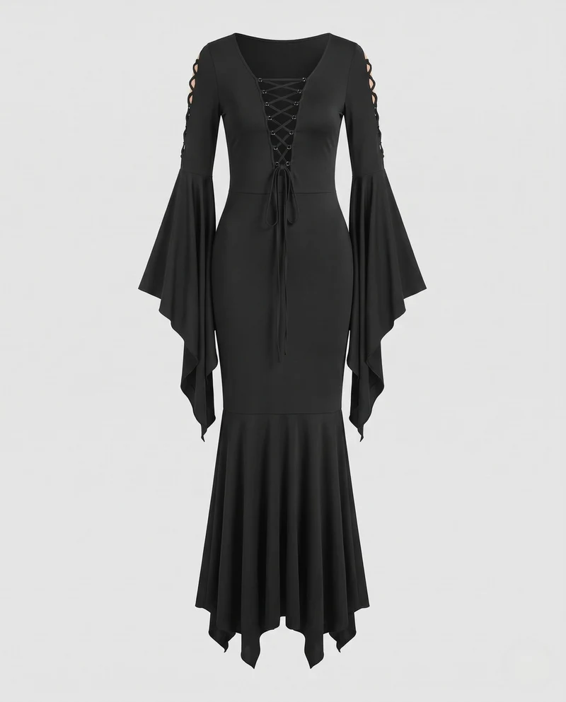 Damen Elegantes Vampir-Kleid mit weitem Rock und dramatischen Ärmeln Nord Taschen