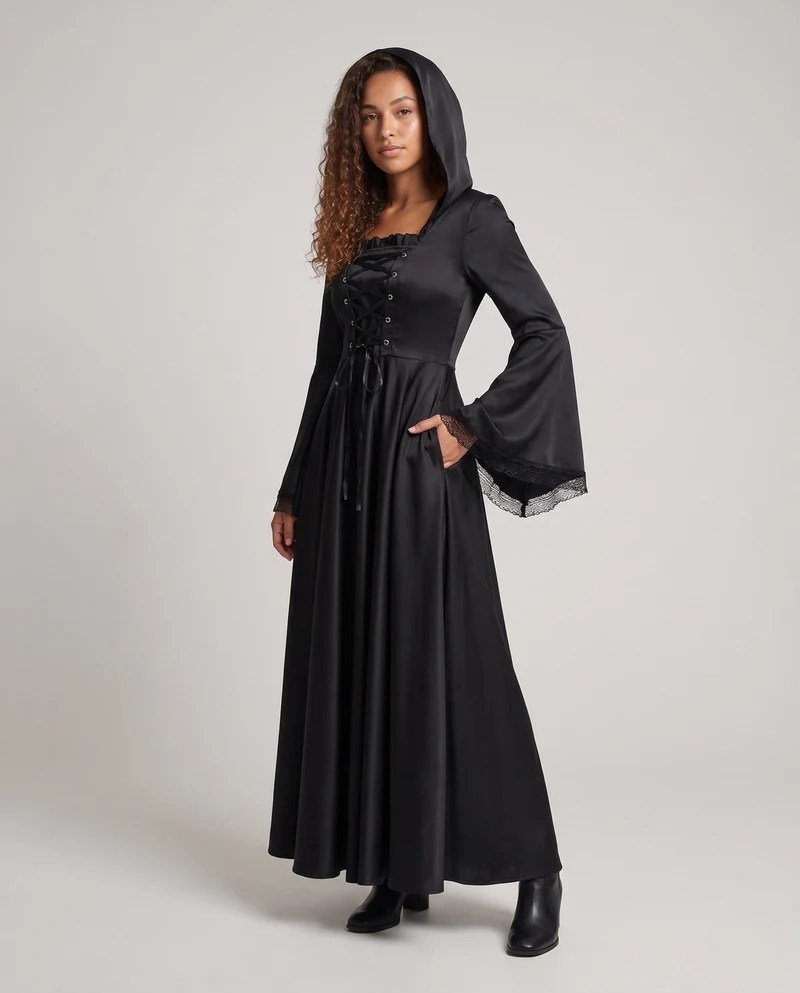 Damen Elegantes Kapuzenkleid mit weiterem Ärmel und Schnürung Nord Taschen