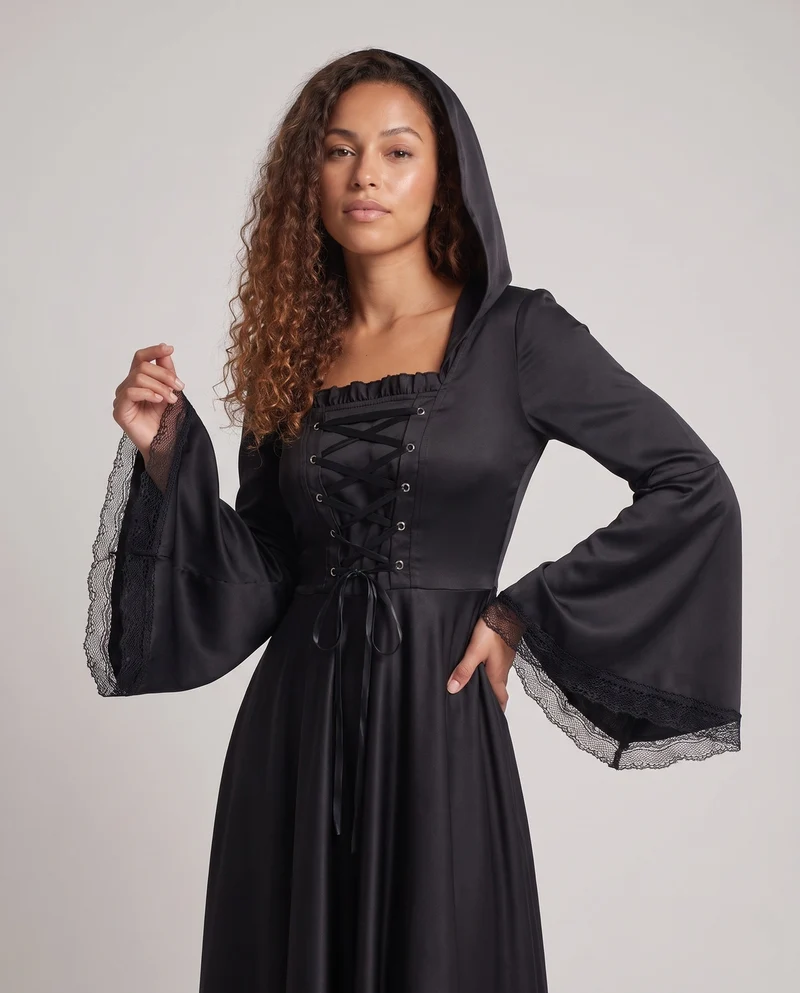 Damen Elegantes Kapuzenkleid mit weiterem Ärmel und Schnürung Nord Taschen