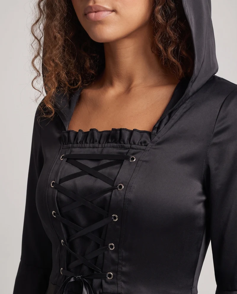 Damen Elegantes Kapuzenkleid mit weiterem Ärmel und Schnürung Nord Taschen