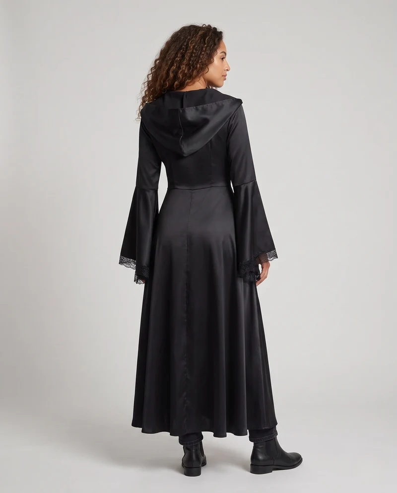 Damen Elegantes Kapuzenkleid mit weiterem Ärmel und Schnürung Nord Taschen
