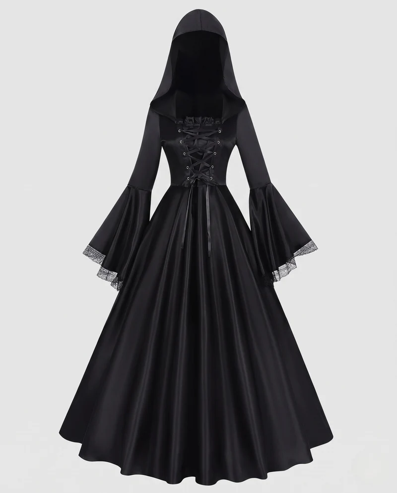 Damen Elegantes Kapuzenkleid mit weiterem Ärmel und Schnürung Nord Taschen