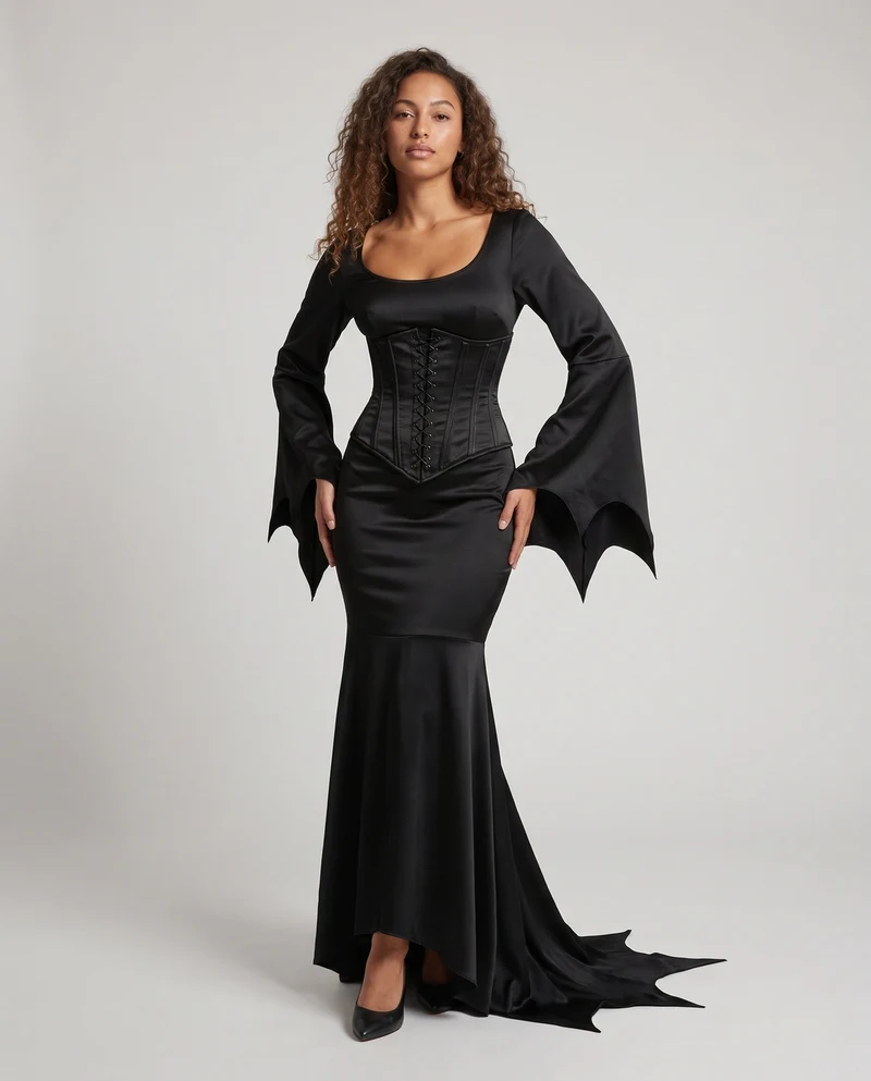 Damen Elegantes Langarm Maxikleid mit schwingendem Saum und weit ausgestellten Ärmeln Nord Taschen