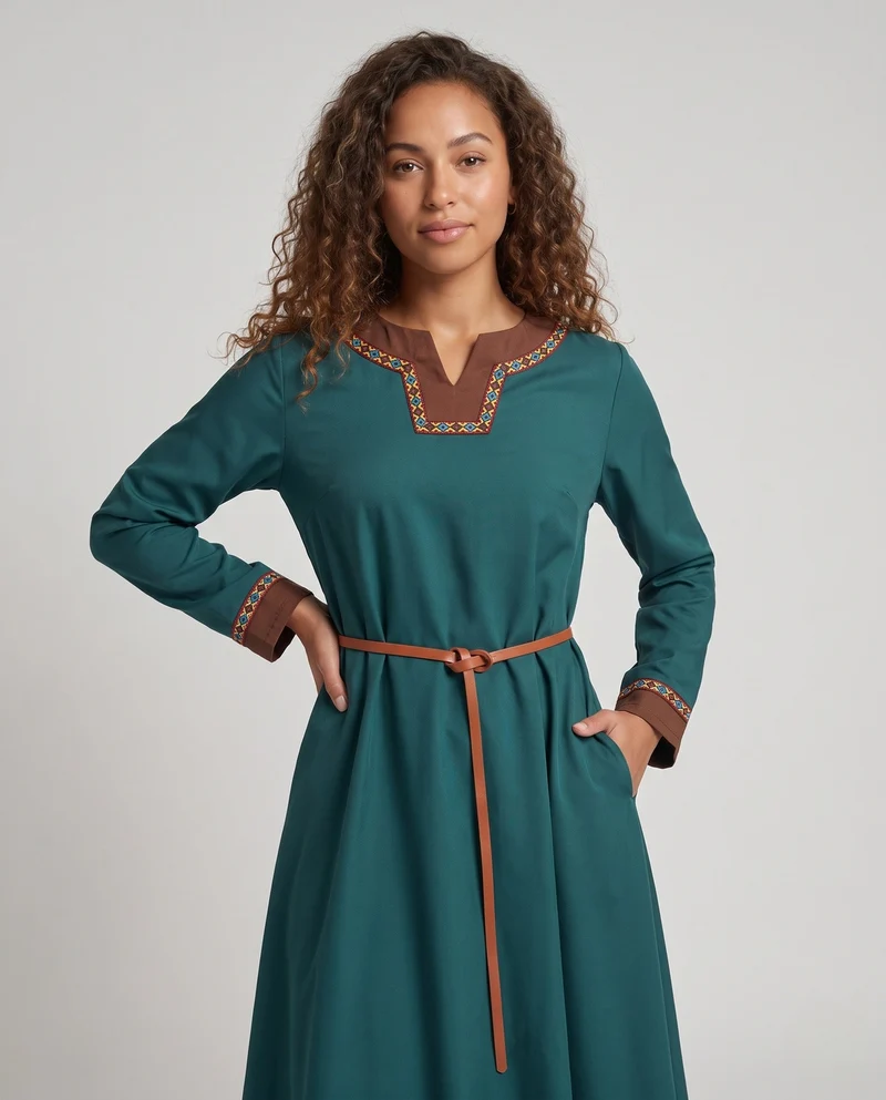 Damen Elegantes langärmliges Kleid mit Stickerei Nord Taschen