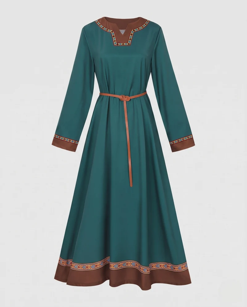 Damen Elegantes langärmliges Kleid mit Stickerei Nord Taschen
