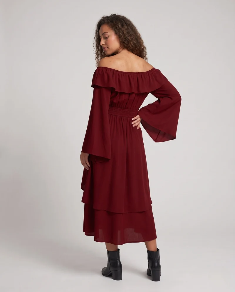 Damen Elegantes Maxikleid mit schickem Wasserfallausschnitt und weiten Ärmeln Nord Taschen