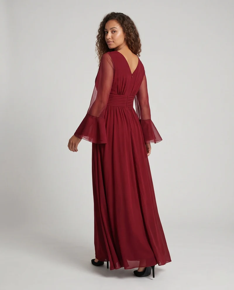 Damen Elegantes Maxikleid mit transparenten Ärmel und V-Ausschnitt Nord Taschen