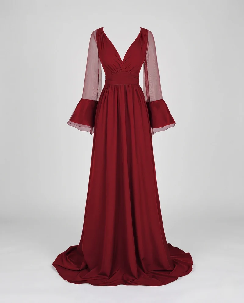 Damen Elegantes Maxikleid mit transparenten Ärmel und V-Ausschnitt Nord Taschen