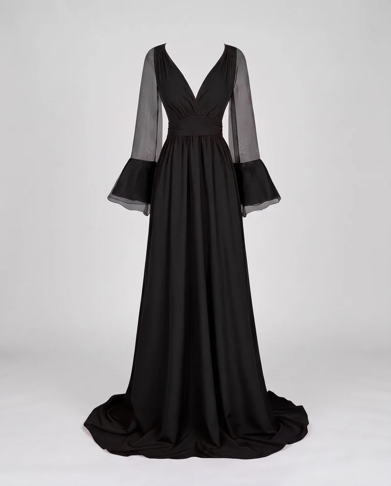 Damen Elegantes Maxikleid mit transparenten Ärmel und V-Ausschnitt Nord Taschen
