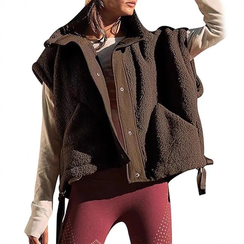 Damen Übergroße Teddyfleece-Weste mit Kapuze und Druckknöpfen Nord Taschen