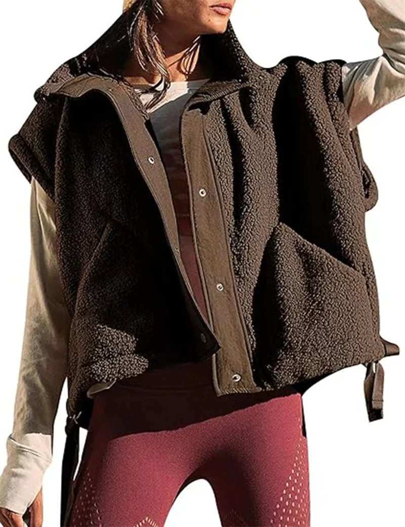Damen Übergroße Teddyfleece-Weste mit Kapuze und Druckknöpfen Nord Taschen