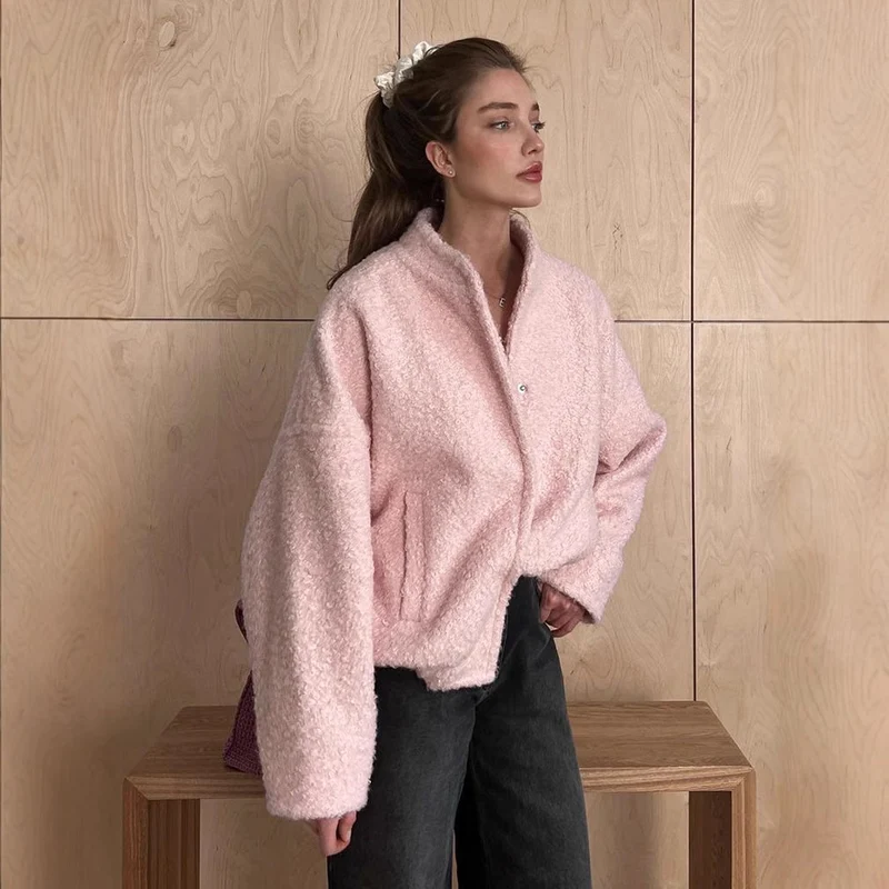 Damen Teddyjacke im Bouclé‑Look mit Rundhals, Oversized‑Passform und Eingrifftaschen Nord Taschen