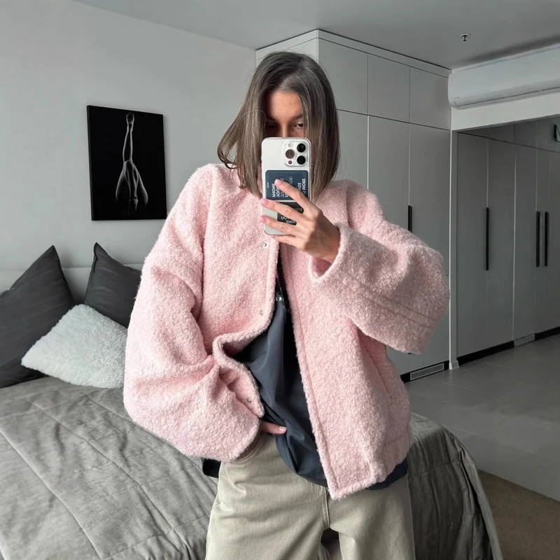 Damen Teddyjacke im Bouclé‑Look mit Rundhals, Oversized‑Passform und Eingrifftaschen Nord Taschen